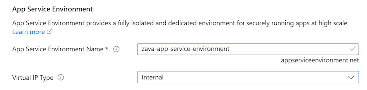 Screenshot that shows how to configure a new App Service Environment in the Azure portal.