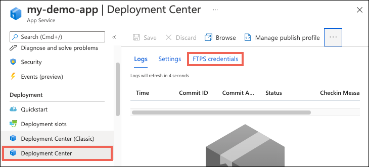 Shows how you can select the FTP dashboard from the Deployment center in Azure App Services.