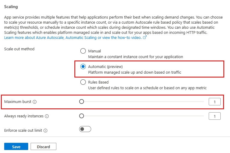 Automatic scaling in Azure portal