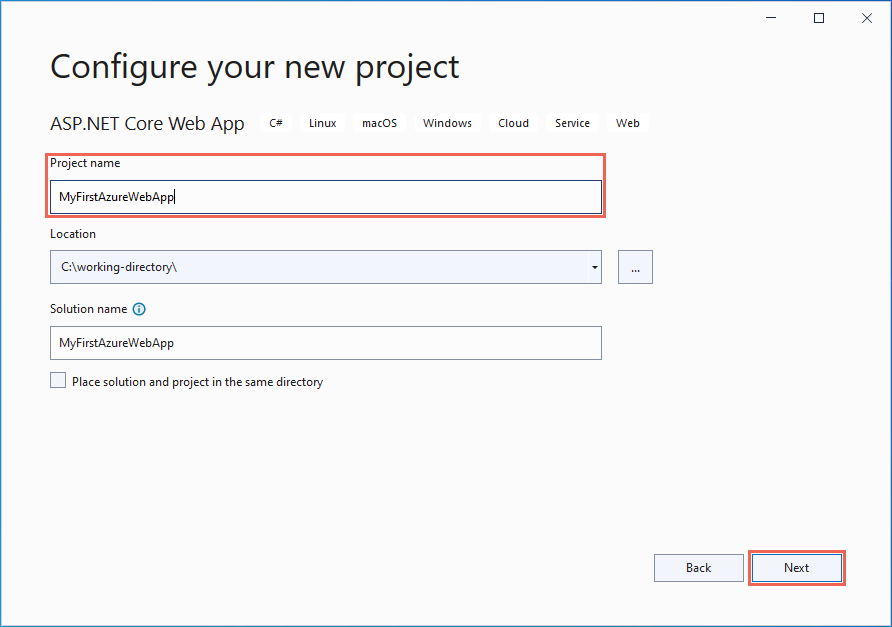 Screenshot of Visual Studio - Configure ASP.NET 6.0 web app.