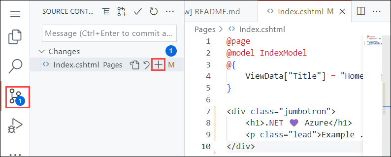 Screenshot of Visual Studio Code in the browser, highlighting the Source Control navigation in the sidebar, then highlighting the Stage Changes button in the Source Control panel.