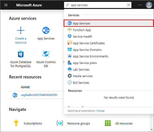 Select App Services in the Azure portal