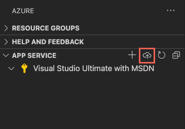 Screenshot of the Azure App service in Visual Studio Code showing the blue arrow icon selected.