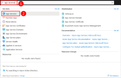 A screenshot of how to use the search box in the top tool bar to find App Services in Azure.