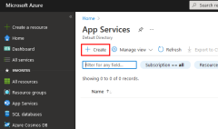 A screenshot of the location of the Create button on the App Services page in the Azure portal.