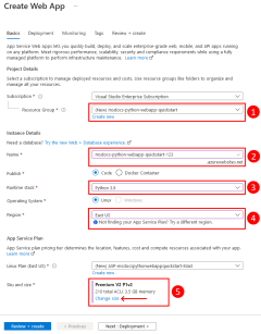A screenshot of how to fill out the form to create a new App Service in the Azure portal.