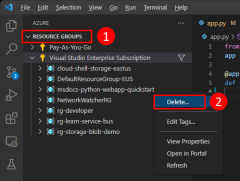 A screenshot of how to delete a resource group in VS Code using the Azure Tools extension.