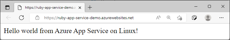 Screenshot of the updated sample app running in Azure, showing 'Hello world from Azure App Service on Linux!'.