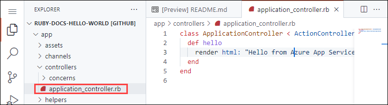 Screenshot of Visual Studio Code in the browser, highlighting app/controllers/application_controller.rb in the Explorer pane.