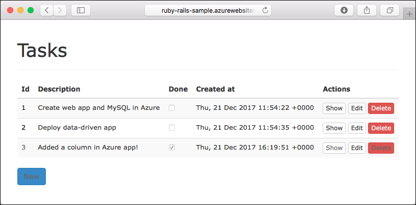 Screenshot of a Ruby on Rails app example titled Tasks.