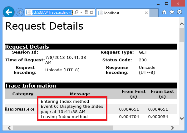 Screenshot of the Request Details page in a web browser showing a message highlighted in the Trace Information section.