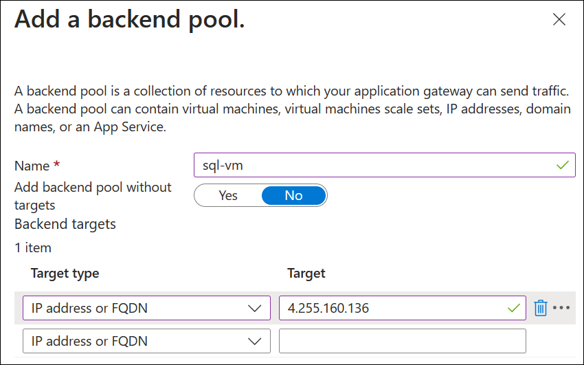 Screenshot displaying backend pool creation.