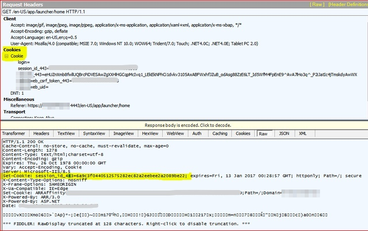Screenshot shows request headers for H T T P, including cookie information.