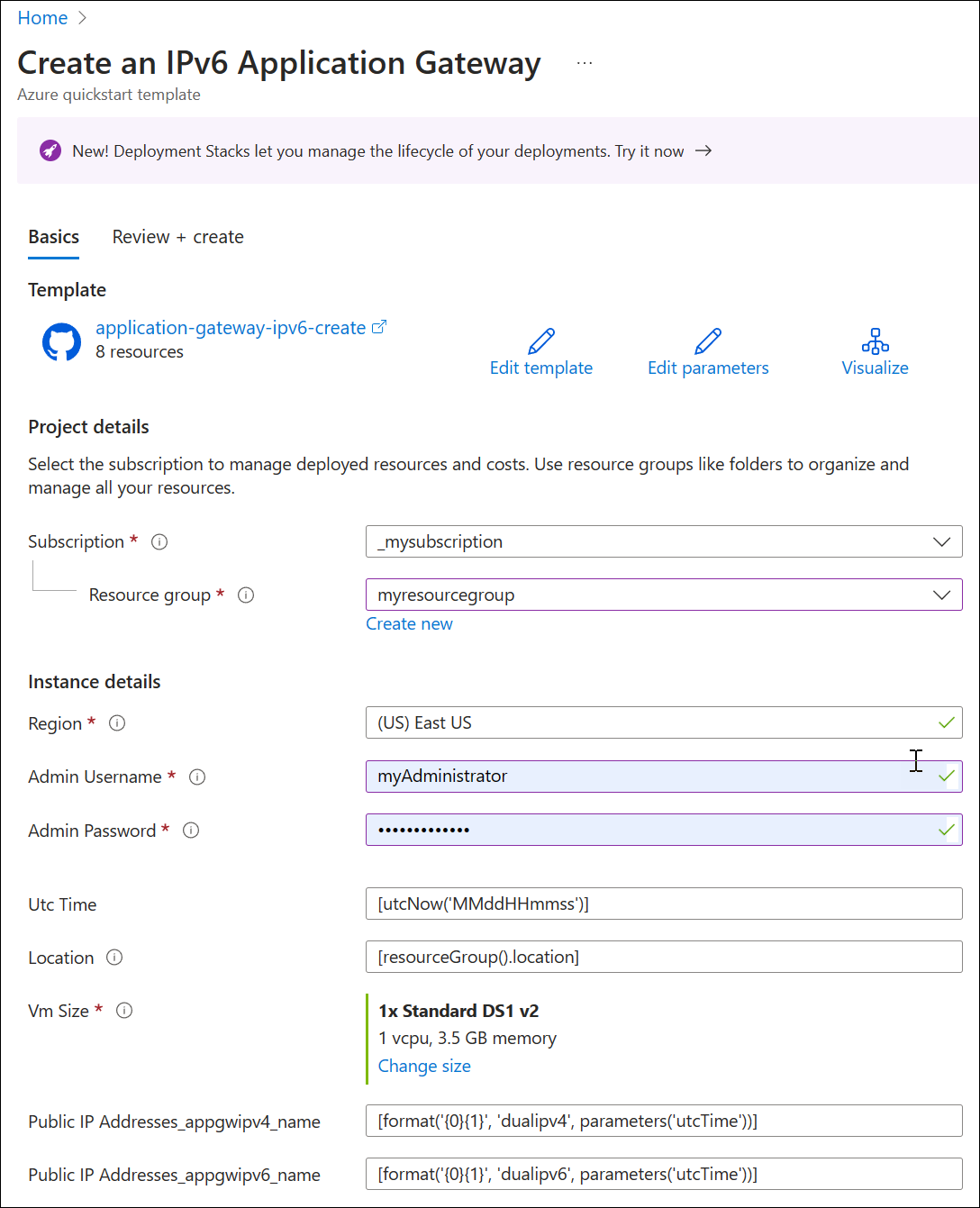 A screenshot of create new application gateway: Basics.