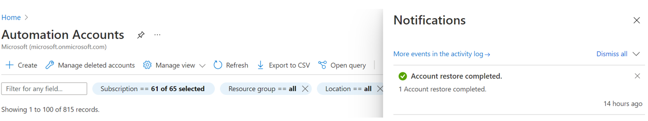 Screenshot showing the notification of restoring the deleted Automation account.