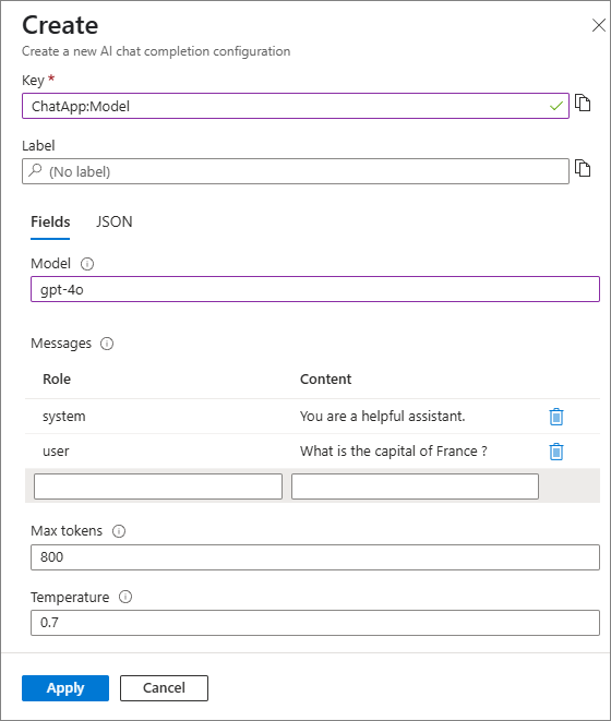 Screenshot shows the create new AI configuration form.