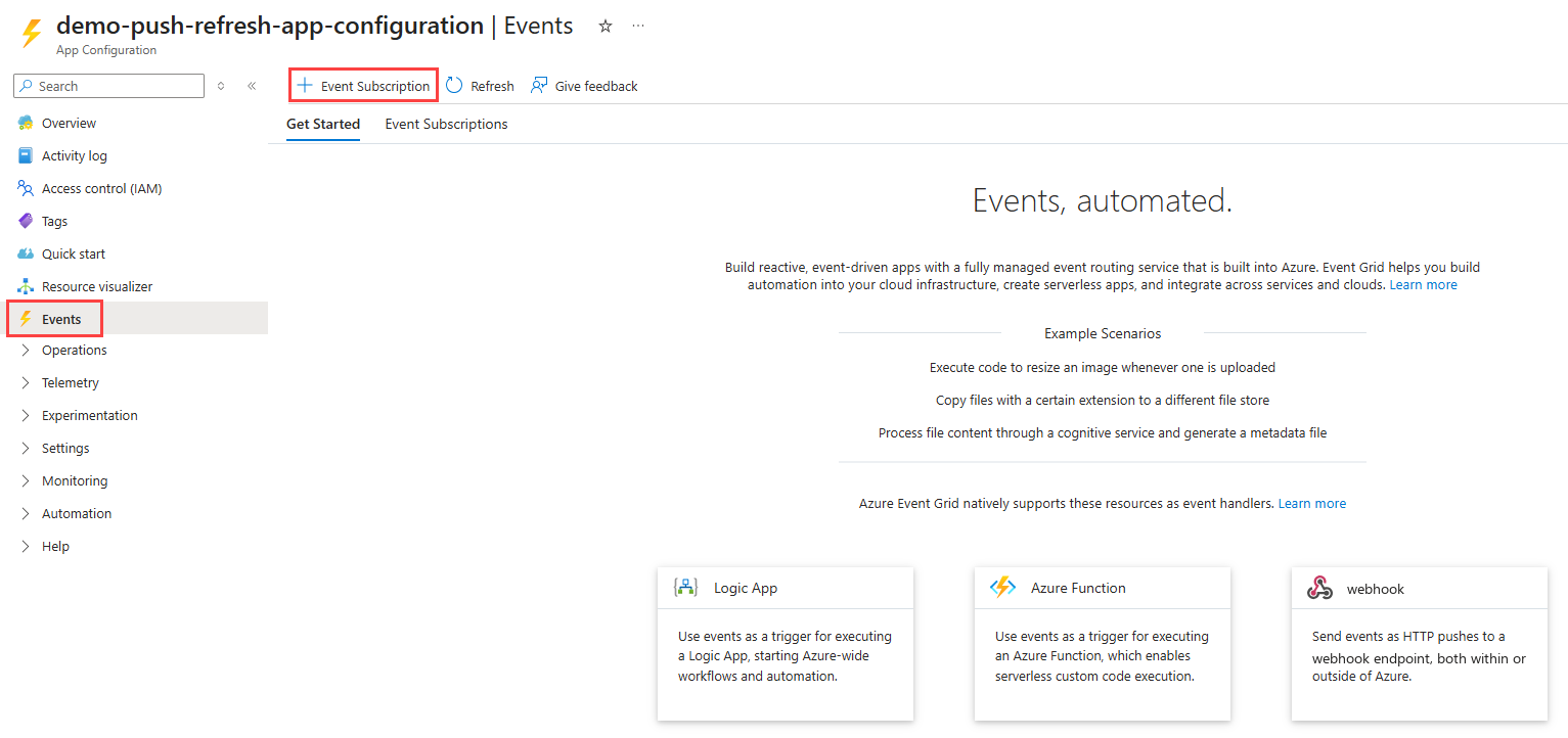 The events pane has an option to create new Subscriptions.
