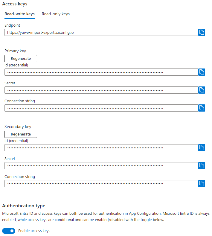 Screenshot showing access keys for an Azure App Configuration resource.