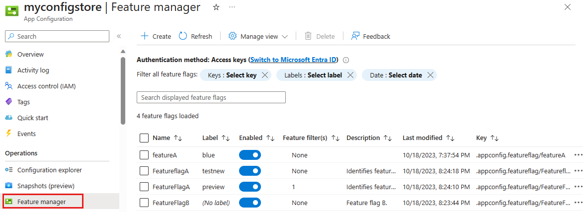 Screenshot of the Azure platform. Edit feature flag columns.