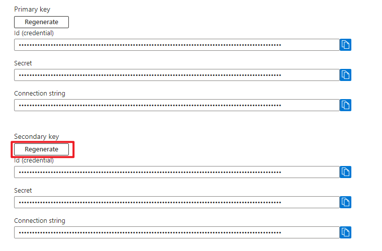 Screenshot showing regenerate secondary key.
