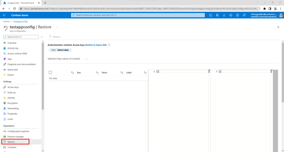 Screenshot of the Azure portal, selecting restore