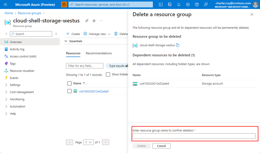 Screenshot that shows a box that requires entering the resource name to confirm deletion.