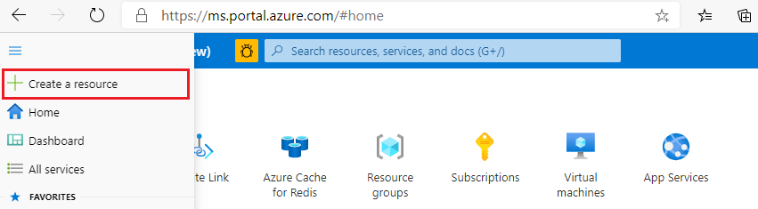 Create a resource is highlighted in the left navigation pane.