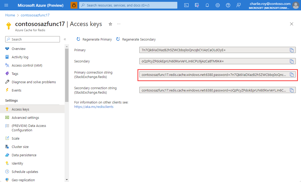 Screenshot that shows the primary connection string for an access key.