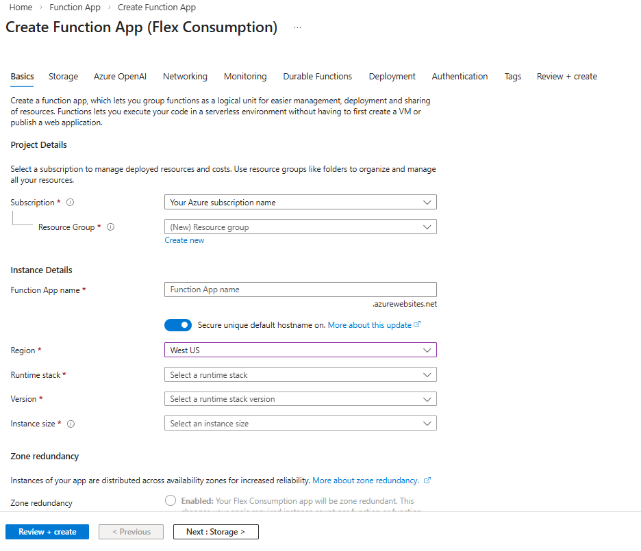 Screenshot of the Basic tab for creating a Consumption plan Function app.
