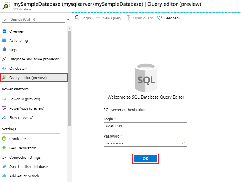 Screenshot of logging in to query editor on the Azure portal.