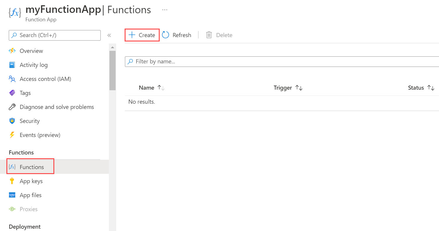 Screenshot of adding a function in the Azure portal.