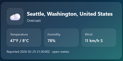 Screenshot of a weather app UI for Seattle showing drizzle, temperature, humidity, wind, and report timestamp.