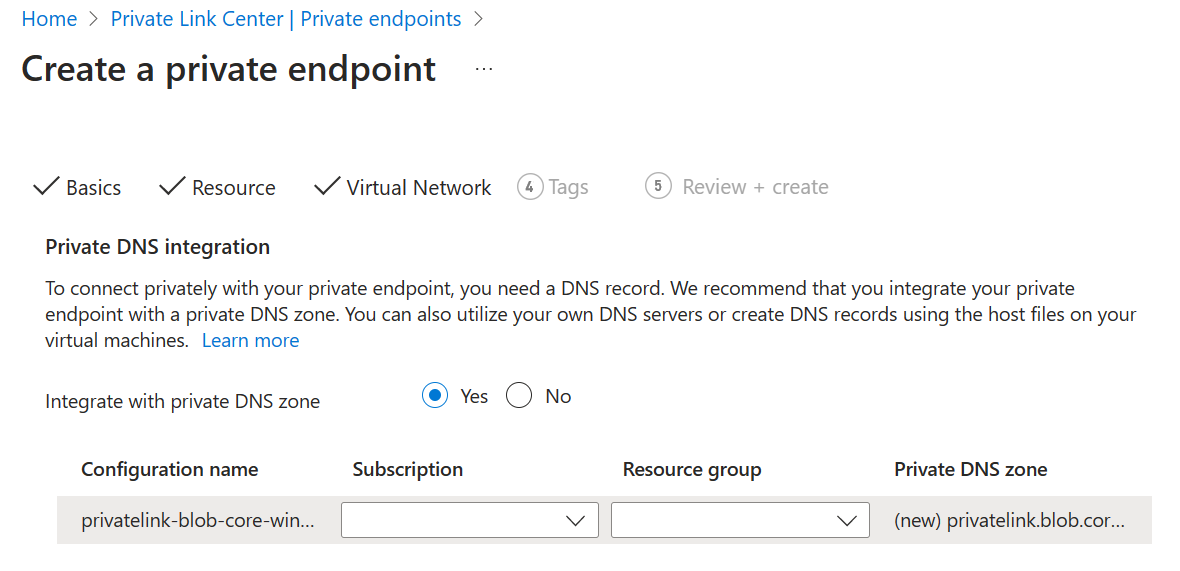 Screenshot showing the DNS tab of the Endpoint setup process.