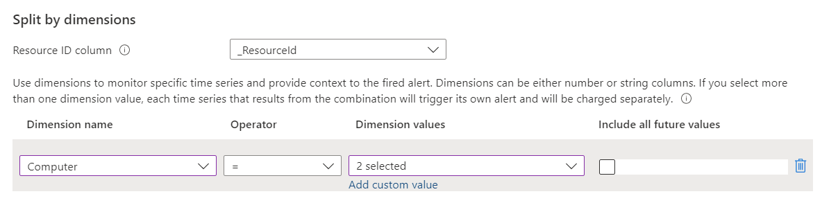 Screenshot that shows the splitting by dimensions section of a new log search alert rule.