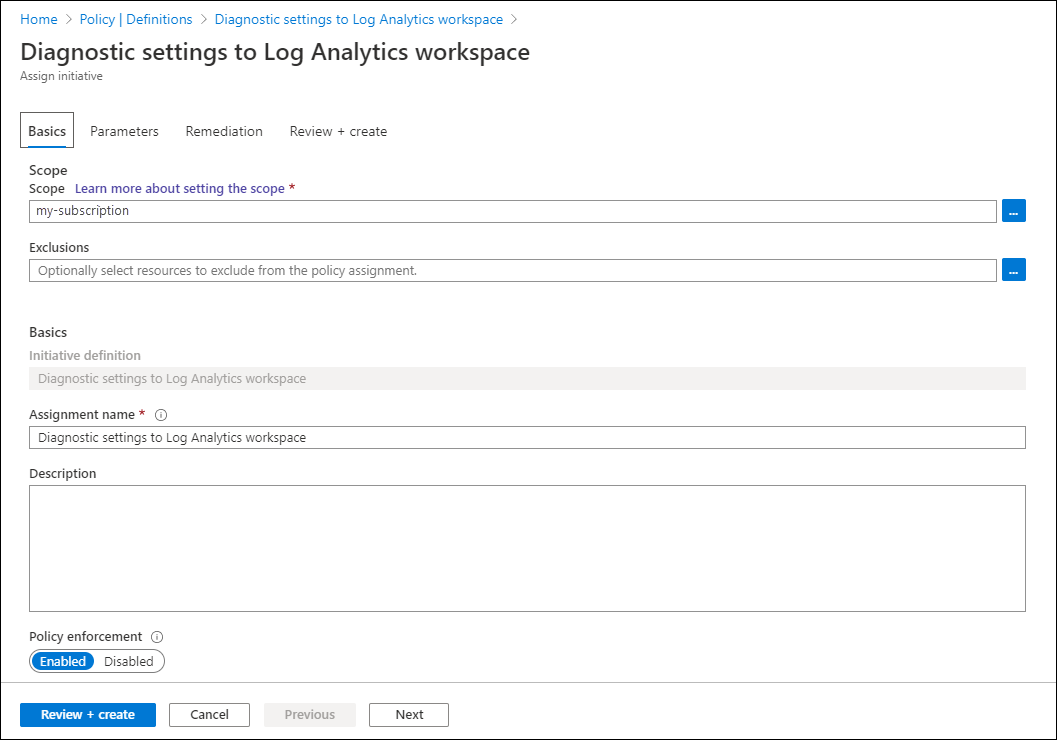 Screenshot of the settings for the Basics tab in the Assign initiative section of the Diagnostic settings to Log Analytics workspace in the Azure portal.