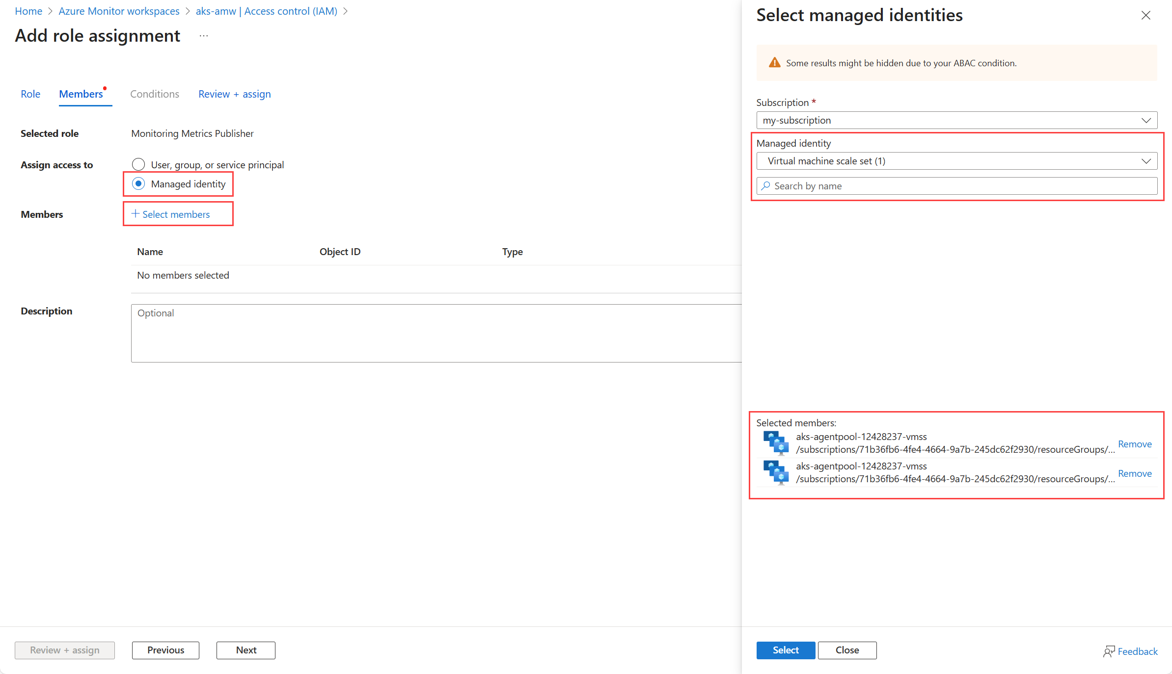Screenshot that shows selection of system-assigned managed identity members.