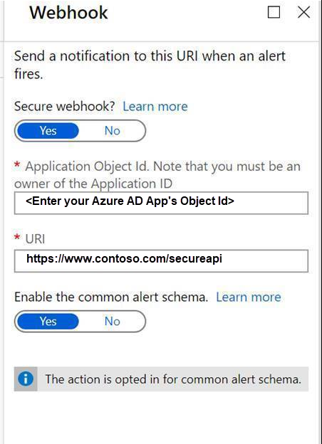 Screenshot that shows the Secured Webhook dialog in the Azure portal with the Object ID box.
