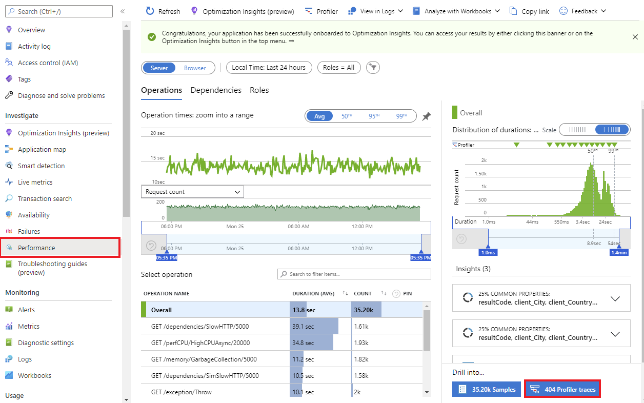 Screenshot that shows the Profiler traces button in the Performance pane.