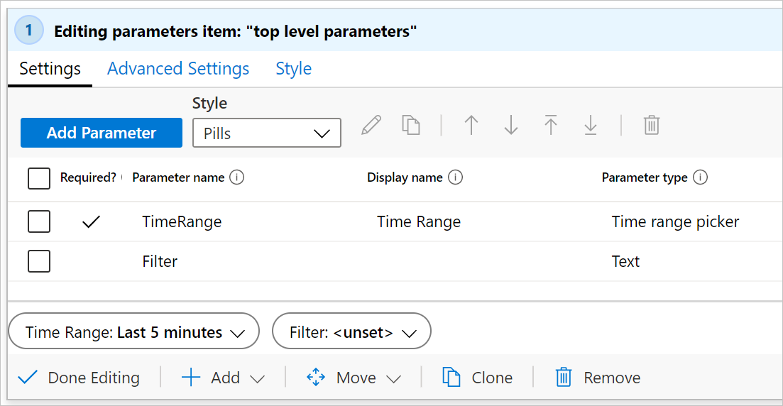 Editing parameters item: "top-level parameters"