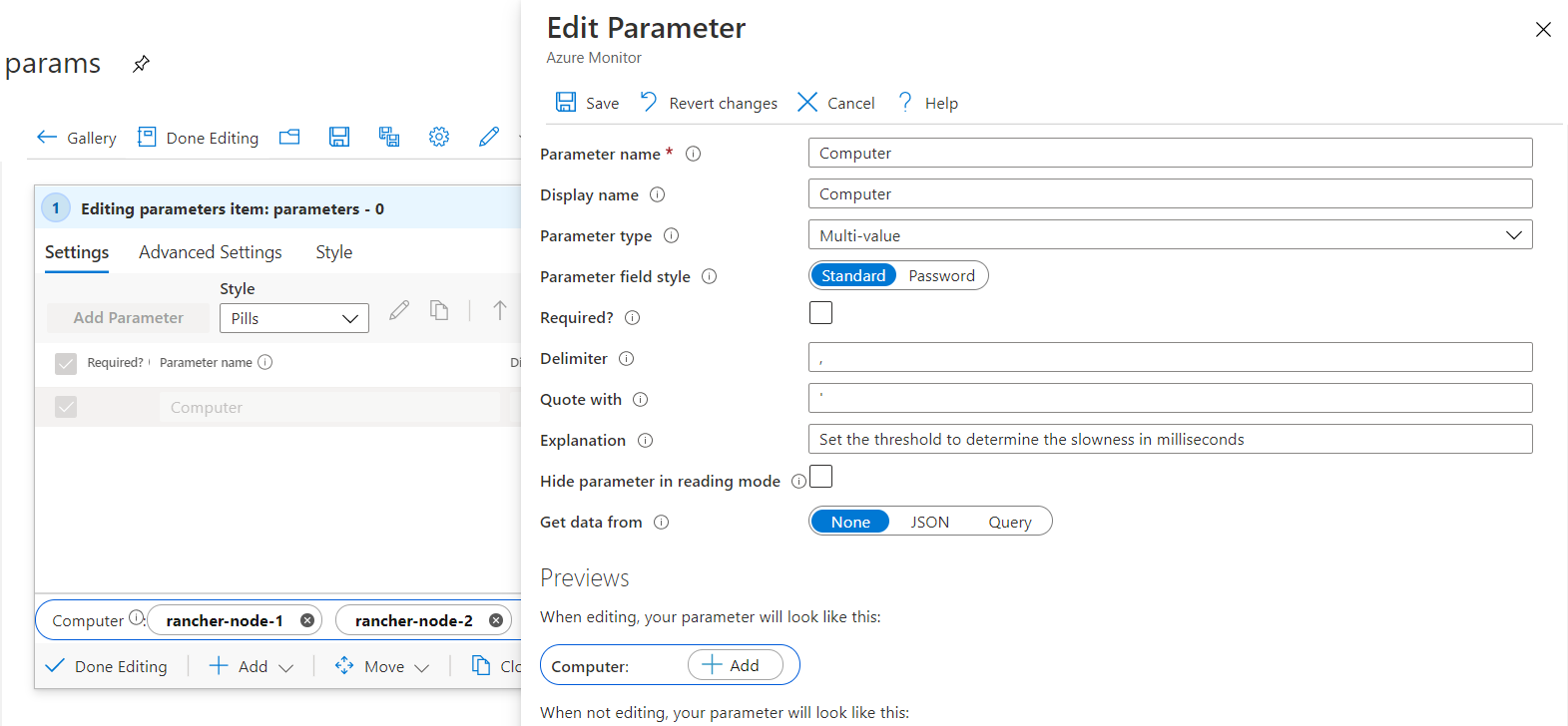 Screenshot that shows the creation of a multi-value parameter in a workbook.