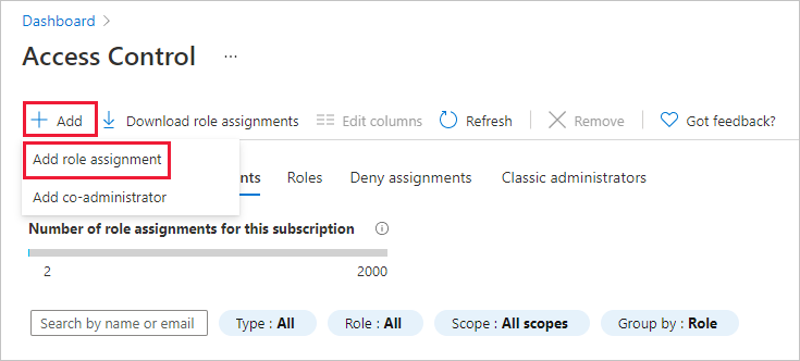 Screenshot showing how to add a role assignment for an Azure portal dashboard.