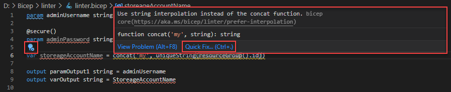 Bicep linter usage in Visual Studio Code - show quickfix.