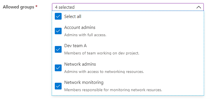 Screenshot of the Microsoft.Common.DropDown UI element with multi-select enabled and item descriptions.