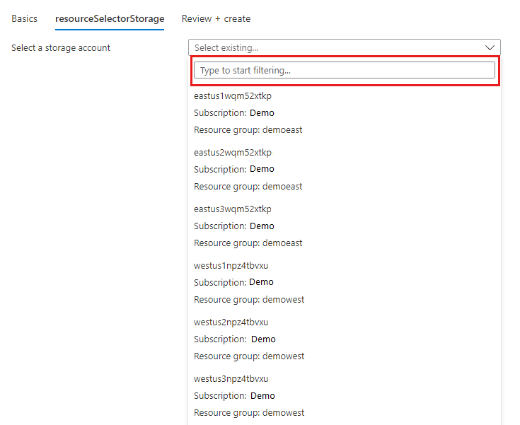 Screenshot of the resource selector list of all storage accounts in a subscription.