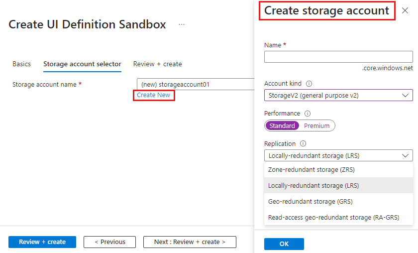 Screenshot that shows the storage account selector options to create a new storage account.
