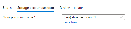 Screenshot of the storage account selector element that shows the default value for a new storage account.