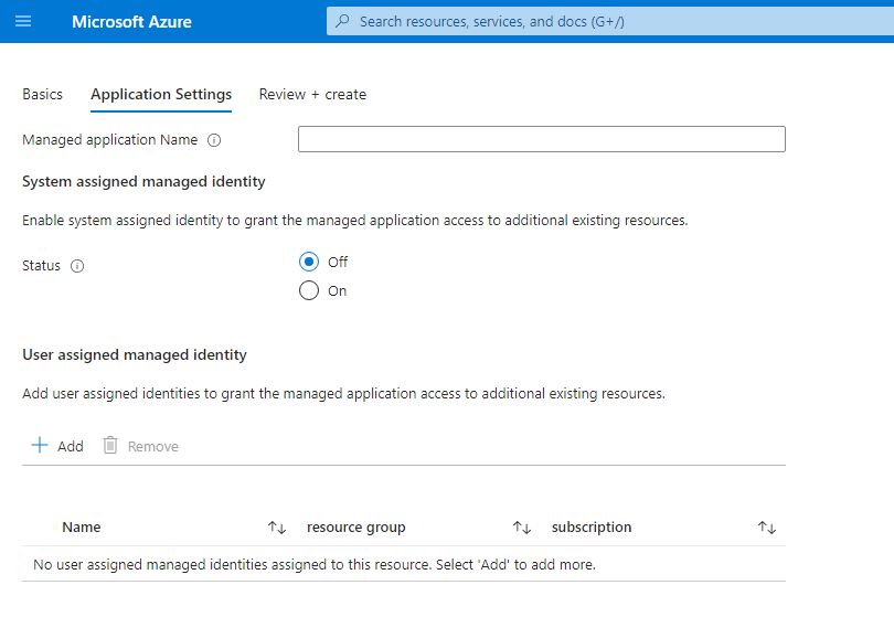 Screenshot of the application settings for system-assigned managed identity and user-assigned managed identity