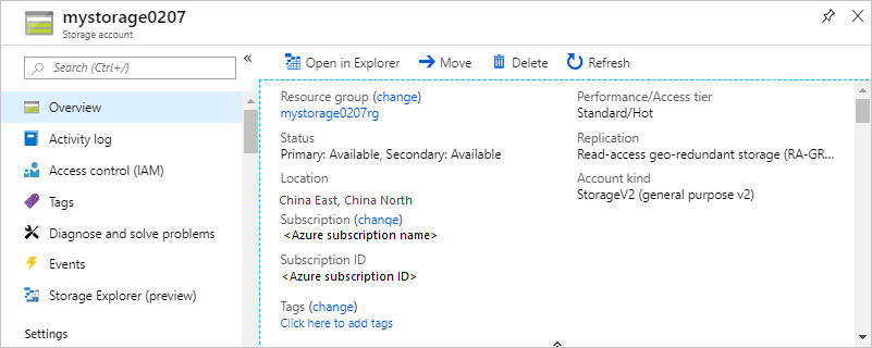 Screenshot of an opened storage account in the Azure portal displaying its overview and settings.
