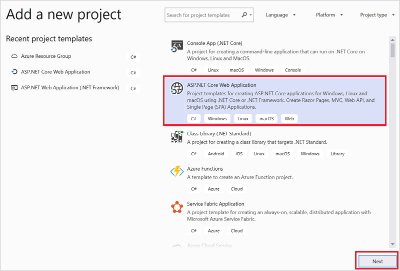Screenshot of the New Project window with ASP.NET Core Web Application selected.