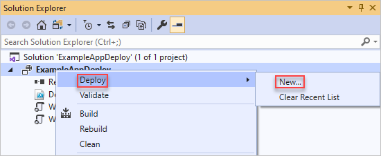 Screenshot of the deployment project context menu with Deploy and New options highlighted.